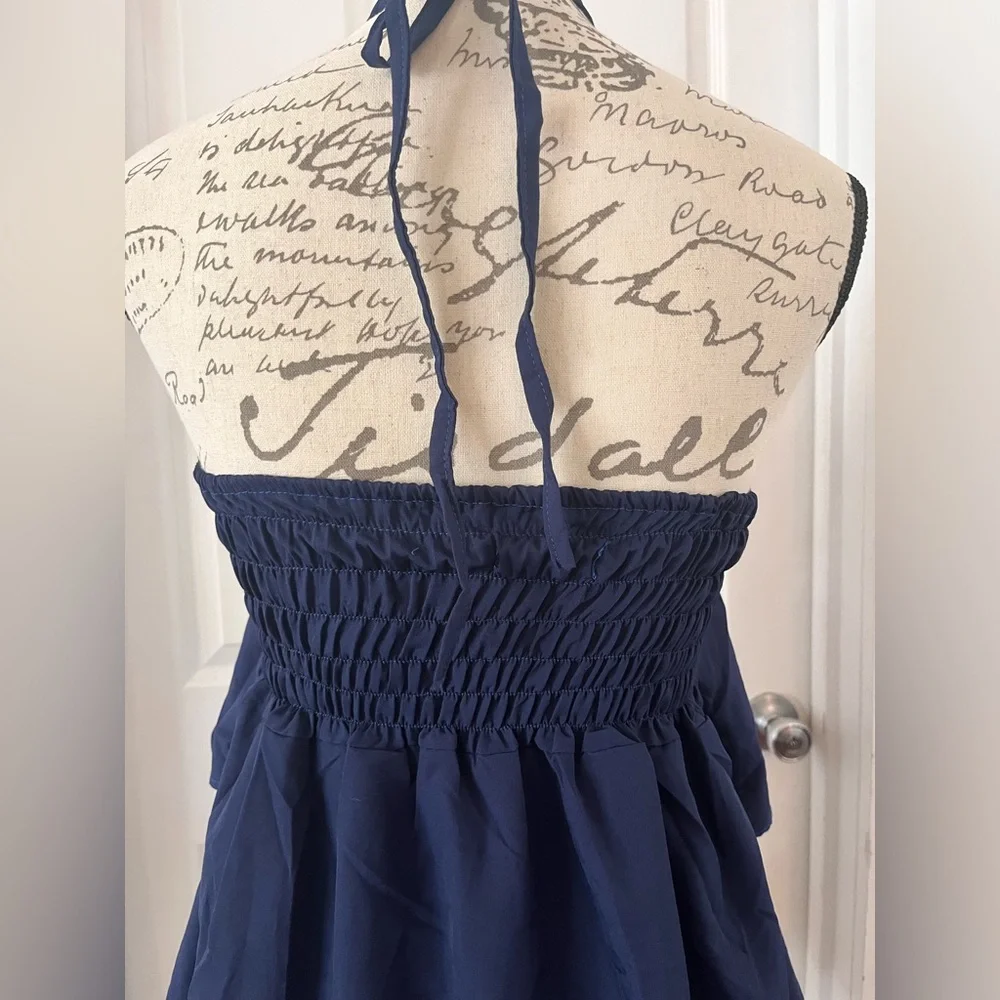 NWT Navy Blue Tiered Halter Mini Sundress Smocked Sz Small Tie Neck Bohemian - Picture 8 of 10